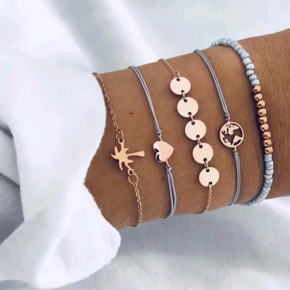 Boho Gypsy Charm Bracelet Set Heart Jewelry - 5 Piece Bracelet Anklet Boho Gypsy Charm Set Heart